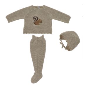Martin Aranda Baby Beige Bonnet, Top And Trouser Squirrel Design Set