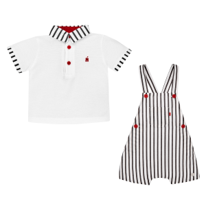 Paz Rodriguez Boys Ivory and Grey Pin Striped Dungaree and Polo Shirt Set