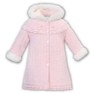 Sarah Louise Girls Pink Knitted Coat With Faux Fur Hood And Cuffs