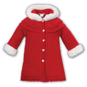 Sarah Louise Girls Red Knitted Coat With Faux Fur Hood And Cuffs