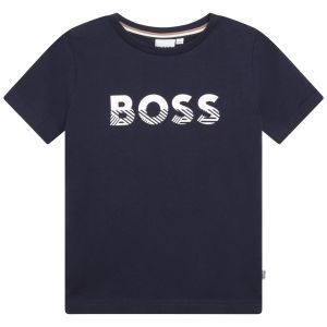 BOSS Boys Navy Blue Geometric Rubberised Logo T-Shirt