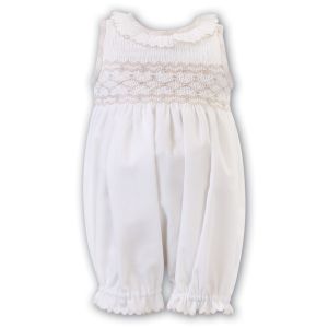Sarah Louise Girls White And Beige Sleeveless Bubble Romper