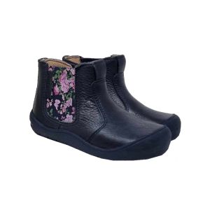 Start-Rite Girls Navy Leather Chelsea Boots With Floral Elastic Sides
