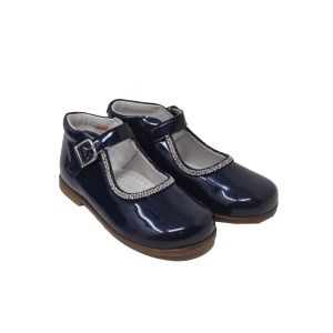 Beberlis Girls Navy Patent Leather Buckle Shoe With Diamonte Detail