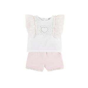 Deolinda Girls White Top With Pink Ruffle Sleeves And Short Set With Diamante Design