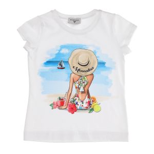 Monnalisa Girls White Beach Print Cotton T-Shirt