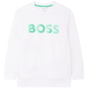 BOSS Kidswear Boys Green Logo White Sweatshirt