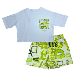 Daga Girls White Cropped T-Shirt &amp; Bright Green Print Shorts