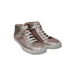 Achile Girls Lace Up Rose Pink Soft Leather Shoe With Sparkle Heel Effect And Side Zip