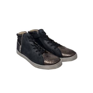 Achile Girls Lace Up Soft Matt Black Leather Shoe With Gold Cracked Effect On Toe With Side Zip