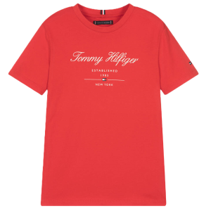 Tommy Hilfiger Boys Red Cotton Script T-Shirt SS24