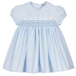 Sarah Louise Girls Blue Cotton Hand-Smocked Dress SS24