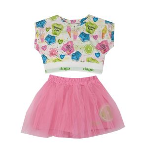 Daga Girls Colourful Print Crop Top And Pink Tutu Shorts Fruit Set
