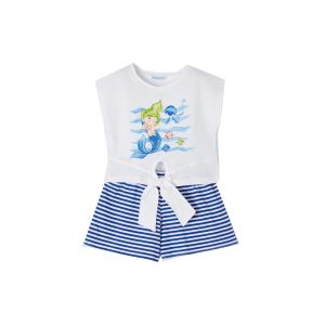 Mayoral Girls White Mermaid Print T-shirt With Blue Striped Shorts Set