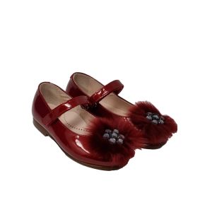 Beberlis Girls Patent Red Shoes With Velcro Strap And Fur Detail