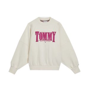 Tommy Hilfiger Girls Ivory &#039;Sateen&#039; Logo Sweatshirt With Pink Logo