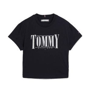 Tommy Hilfiger Girls Dark Blue 'Sateen' Logo T-shirt With White Logo