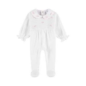 Deolinda Girls White Babygrow With Pink Floral Embroidery And Smocking Detail