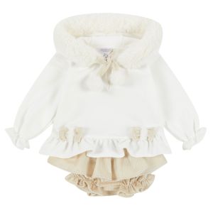 Deolinda Girls Ivory Long Sleeved Top With Beige Ruffle Shorts 