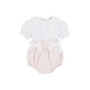 Deolinda Girls White Top With Pink Waffle Pattern Shorts Set