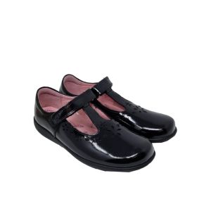 Start-Rite Girls Black Patent Leather "Charlotte" T-Bar Shoes With Velcro Strap