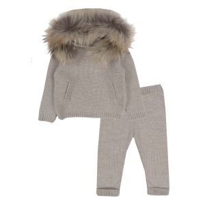 Bimbalo Boys Beige Faux Fur Hooded Knitted Tracksuit