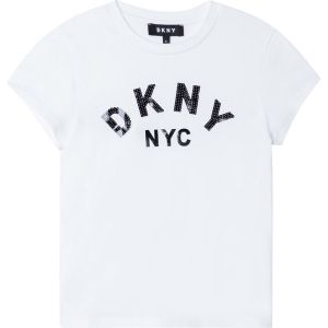 DKNY White Organic Cotton Black Sequin Pattern Logo T-Shirt