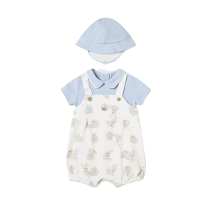 Newborn Dungaree Style Bodysuit with Blue Bucket hat Cotton