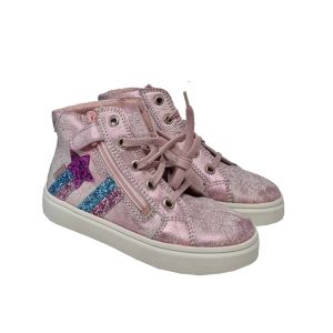 Richter Girls Pale Pink Leather High Top Trainers With Blue And Pink Stars