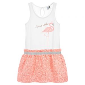 3Pommes Girls Neon Pink & Ivory Flamingo Dress