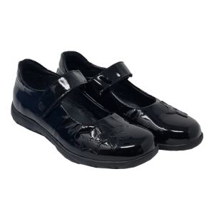 Richter Girls Black Patent Leather Velcro Buckle School Shoes With Flower