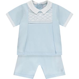 Emile Et Rose Baby Boys Blue 'Dale' Two Piece Jersey Embroidered Panel Top & Shorts