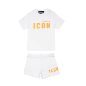 Dsquared2 ICON Baby White T-shirt And Shorts With Bright Orange Fluo Logo
