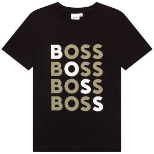 BOSS Kidswear Boys Black Cotton Khaki and White Logo T-Shirt
