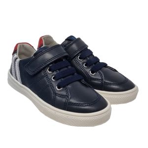Richter Boys Navy Blue Leather Trainers With Red And White Detail On The Heel And Velcro Strap