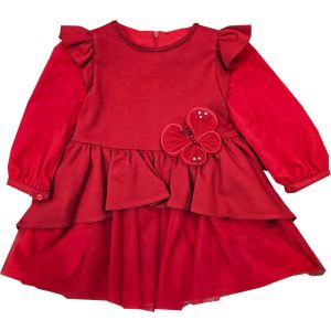 Bimbalo Girls Red Long Sleeve Dress With 3D Butterfly And Diamanté Embellishments