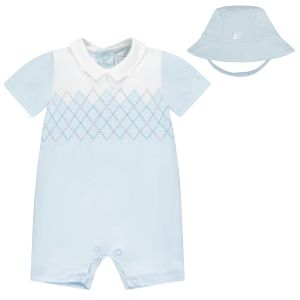Emile Et Rose Baby Boys Blue 'David' Romper With White Upper & Argyle Embroidery & Hat