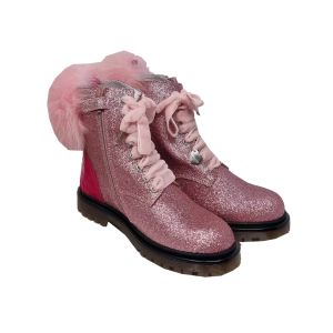 Monnalisa Girls Pink Glitter Lace Up Boots With Fur Pom Pom