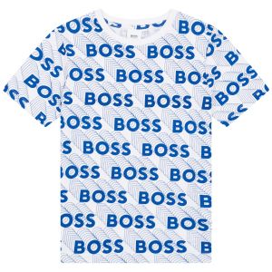 BOSS Kidswear White Cotton All-Over Blue Logo T-Shirt