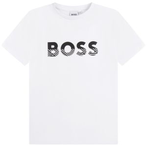 BOSS Boys White Geometric Rubberised Logo T-Shirt