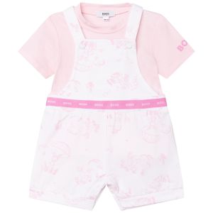 BOSS Kidswear Baby Girls White and Pink Dungaree Set