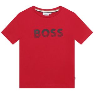 BOSS Boys Red Geometric Rubberised Logo T-Shirt