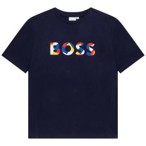 BOSS Kidswear Boys Navy Blue Cotton Colourful Logo T-Shirt