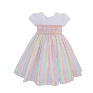 Pretty Originals Girls White Dress With Multi Colour Striped Detail And Smocking