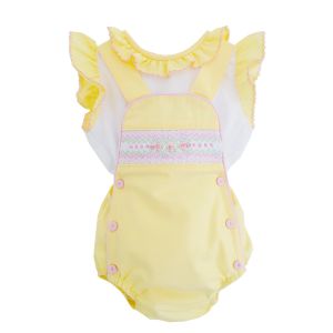 Pretty Originals Girls White Top And Yellow Romper With Pale Pink Trim