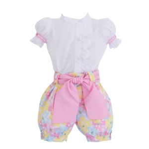 Pretty Originals Girls Top And Floral Bright Coloured Short Set With Large Pink Sash Belt