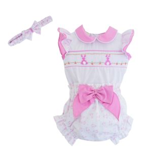 Pretty Originals Girls White Two Piece Set With Pink Trim And Bunny Smocking