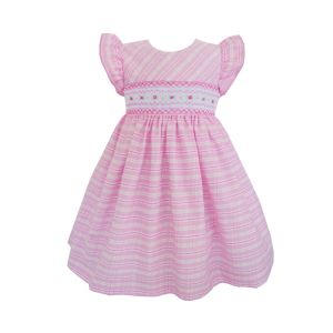 Pretty Originals Girls Pink Checked Dress With Floral Smocking