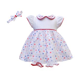 Pretty Originals Girls White Dress, Bloomers And Headband With Colourful Dot Pattern