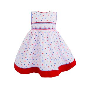 Pretty Originals Girls White Dress With Colourful Dot Pattern And Boat Smocking
